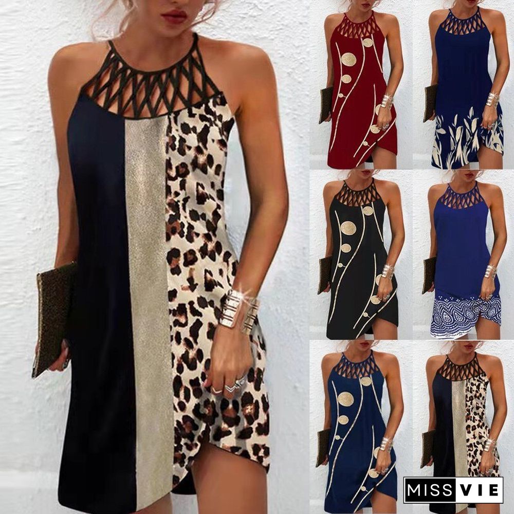 Summer New Ethnic Style Positioning Printing Dress Women Halter Mesh Belt Sleeveless Casual Dress Vestidos