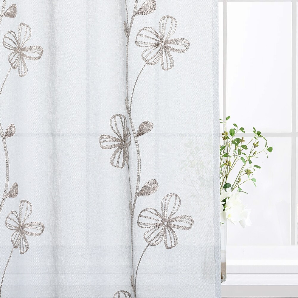 Sheer Kitchen Tier Curtains  Floral Embroidered Semi Sheer Short Curtain