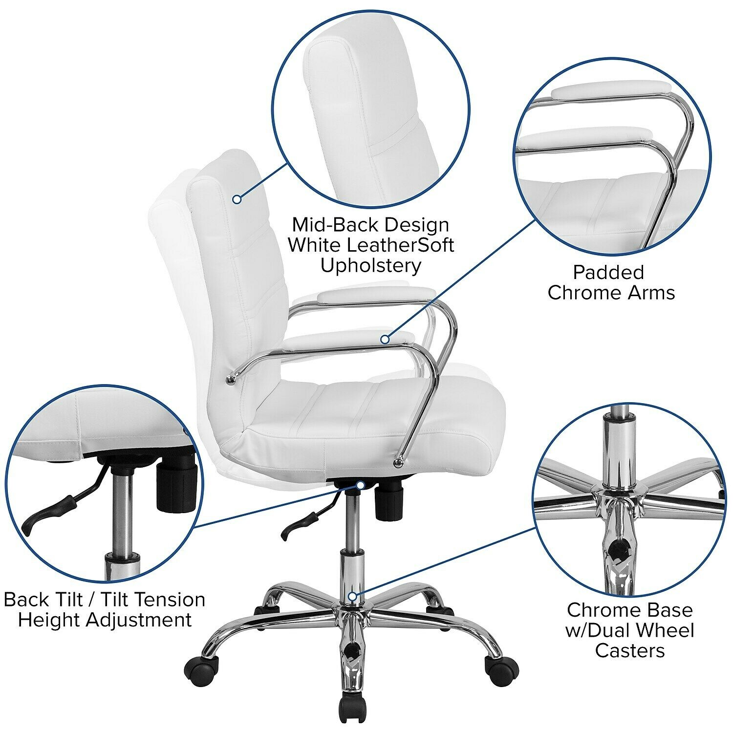 Flash Furniture GO2286MWH Mid-Back Desk Chair - White LeatherSoft Executive Swivel Office Chair with Chrome Frame - Swivel Arm Chair