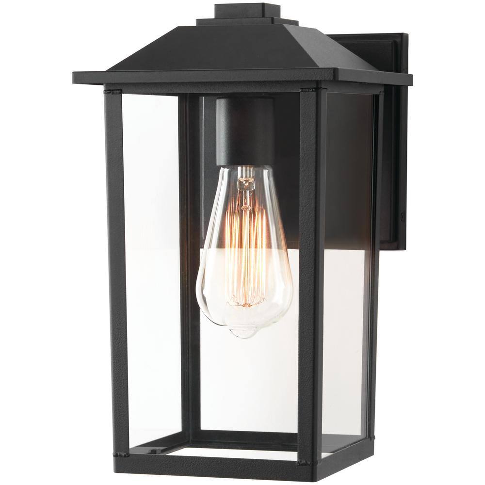 PRIVATE BRAND UNBRANDED 1-Light 12 in. Black Hardwired Transitional Outdoor Wall Lantern Sconce with Clear Glass W2235-21