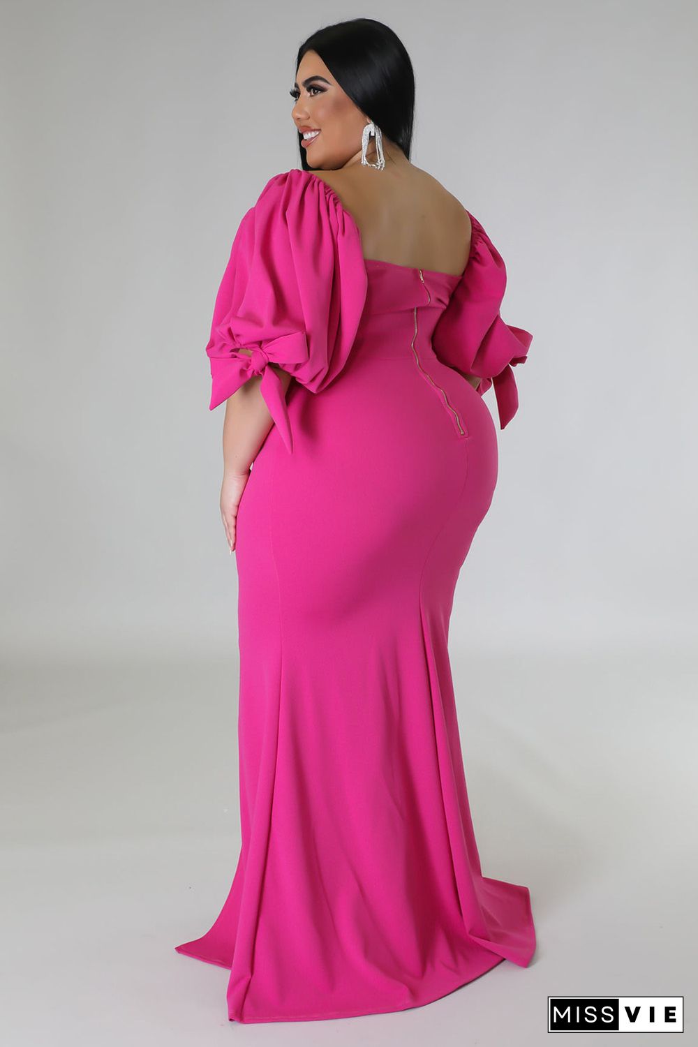 Rose Bow Tie Puff Sleeve Plus Size High Slit Maxi Dress