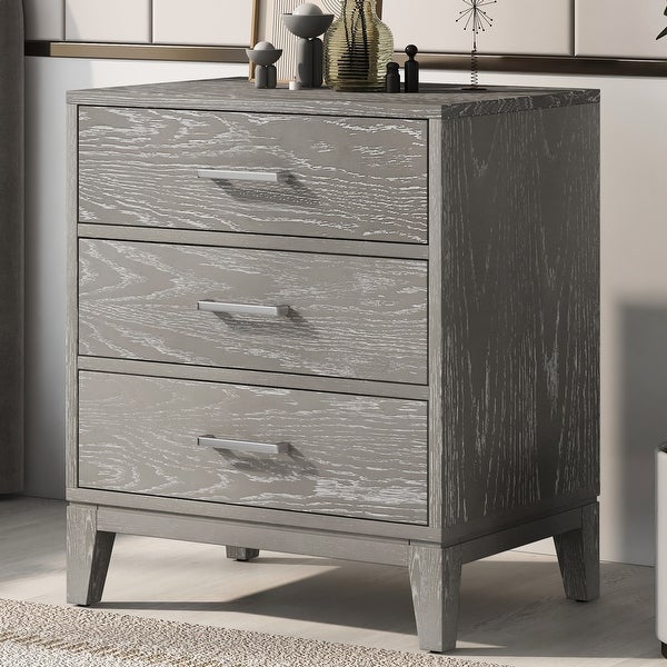 Solid wood Grey grain Three-Drawer Nightstand with Tapered Legs - - 37754729