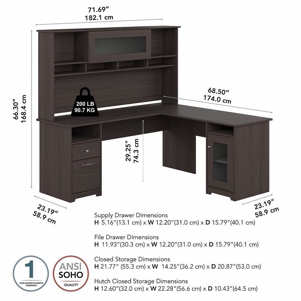 Cabot 72W L Shaped Desk with Hutch and Storage by Bush Furniture