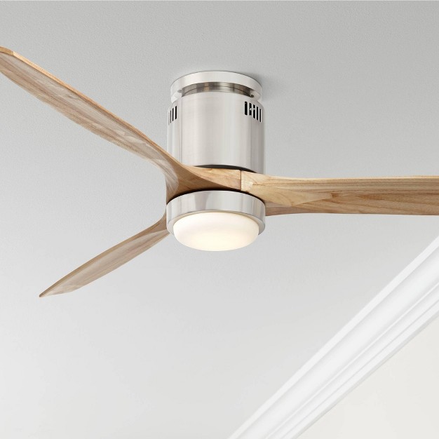 Casa Vieja Modern Hugger Indoor Ceiling Fan With Light Led Remote Brushed Nickel Natural Solid Wood Carved Blades For Living Room