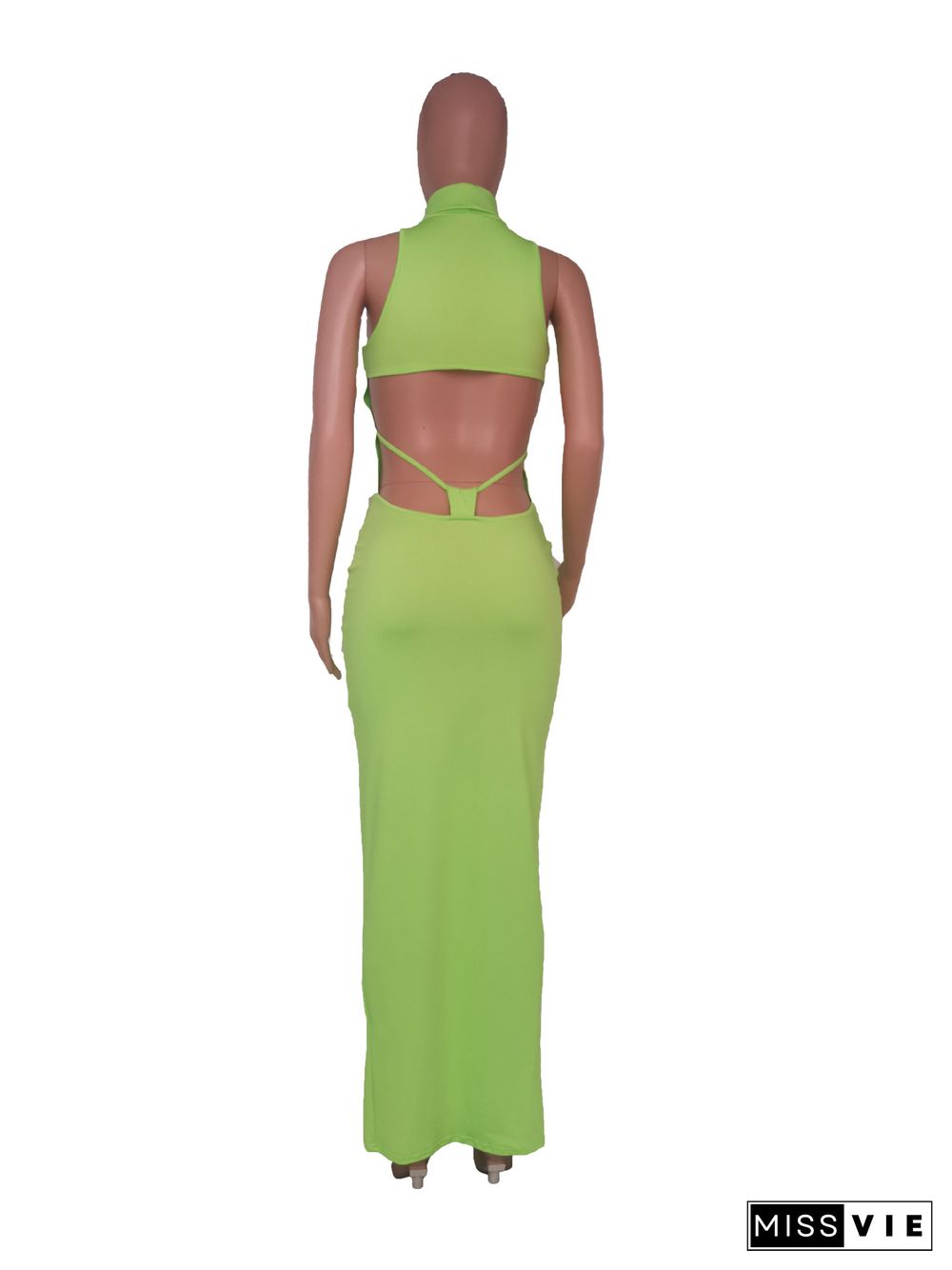 Solid Color Turtleneck Sleeveless Sexy Hollow Out Backless High Waist Skinny Split Party Long Dress