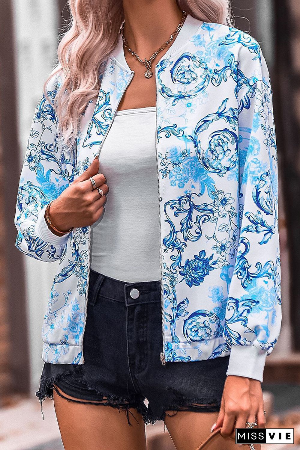 Floral Print Zipper Jacket Coat