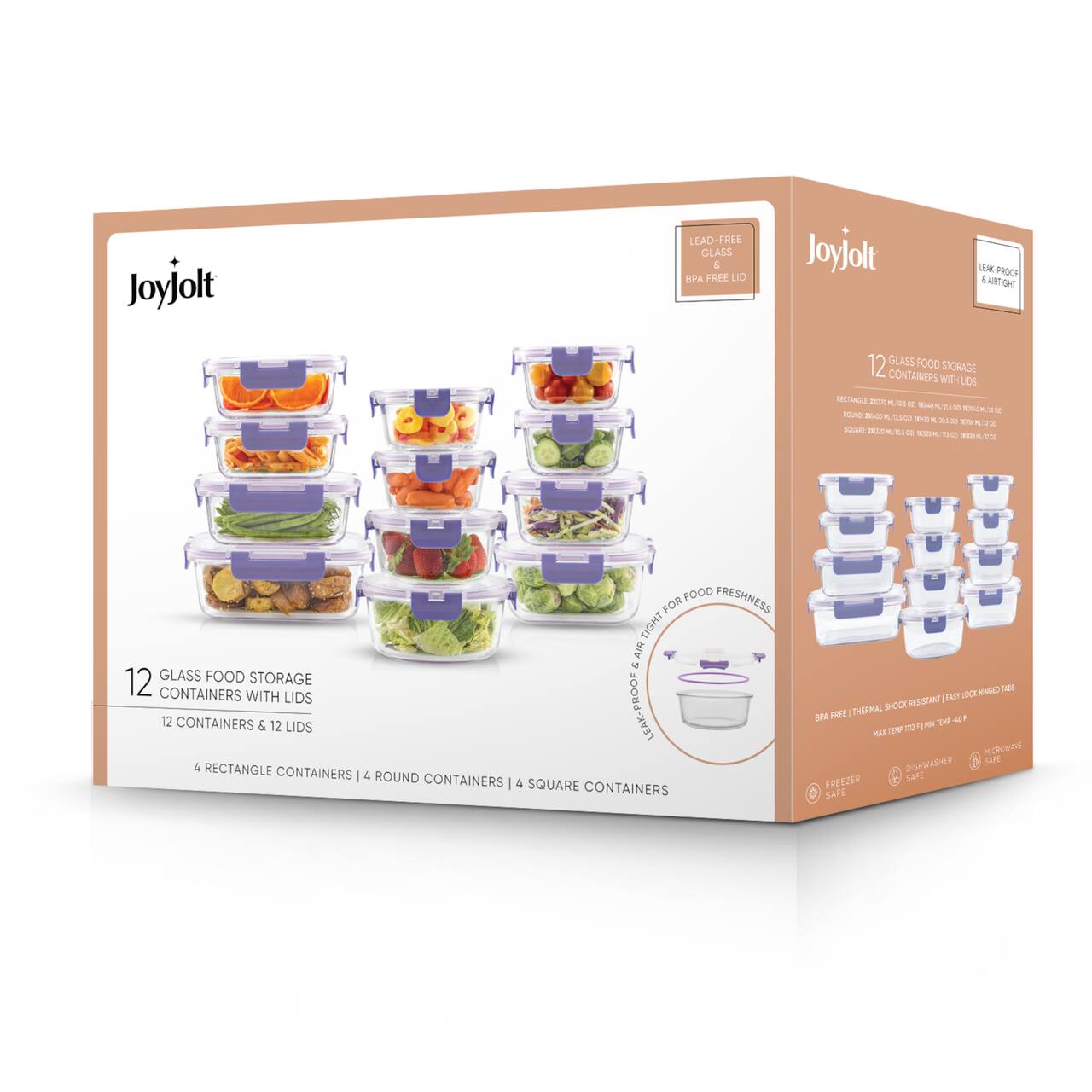 Joyful by JoyJolt 24-Piece Purple Glass Storage Container Set with Leakproof Lids