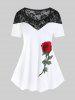 Lace Panel Rose Applique Colorblock Tee and High Waist Floral Print Leggings Plus Size Summer Outfit