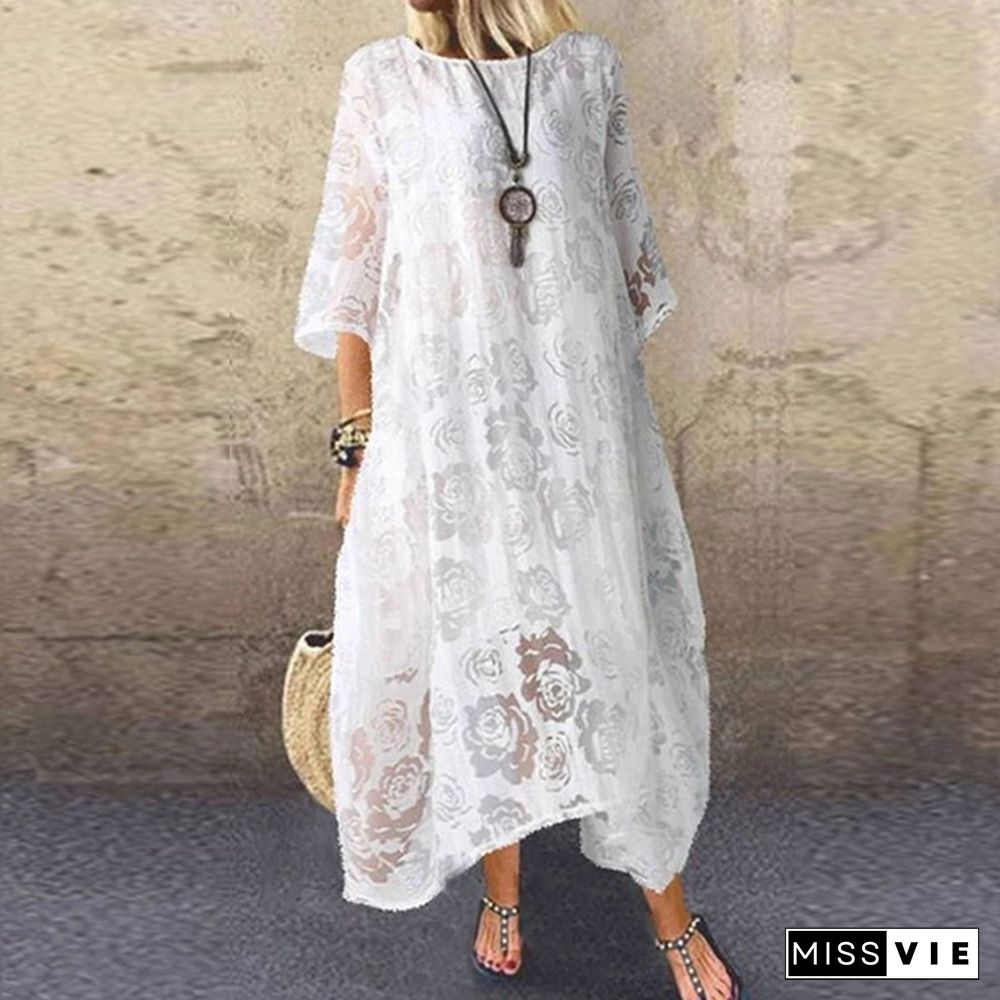 ZANZEA Women Oversized Lace Crochet Cotton Lining Crew Neck Loose Shirt Dress