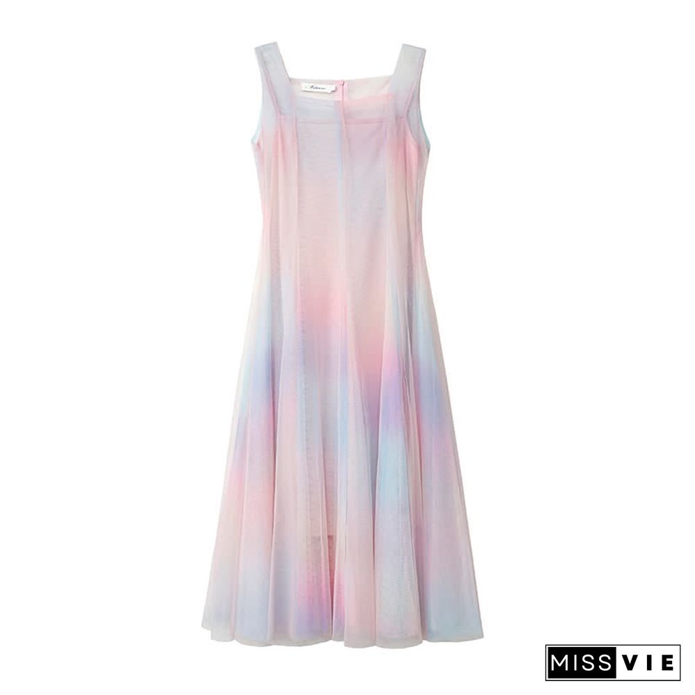 Chic Rainbow Print A-line Tulle Slip Dress Two Pieces