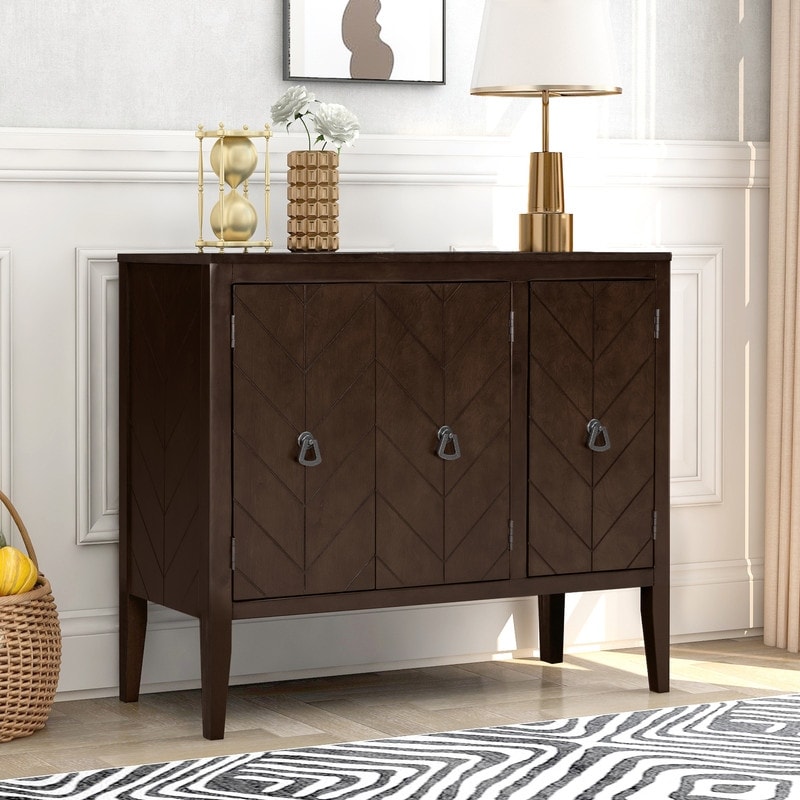 Wooden accent locker with adjustable shelf  vintage style sideboard with 3 doors and metal handles