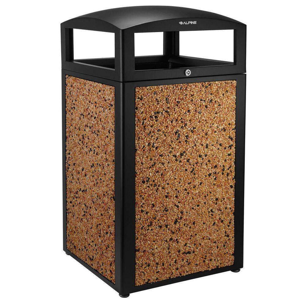 Alpine Industries 40 Gal. Steel All-Weather Stone Panel Outdoor Commercial Trash Can with Lid 471-40-STO