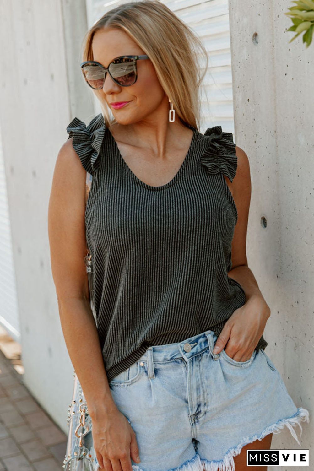 Gray Ruched Shoulders Ribbed Knit Tank Top