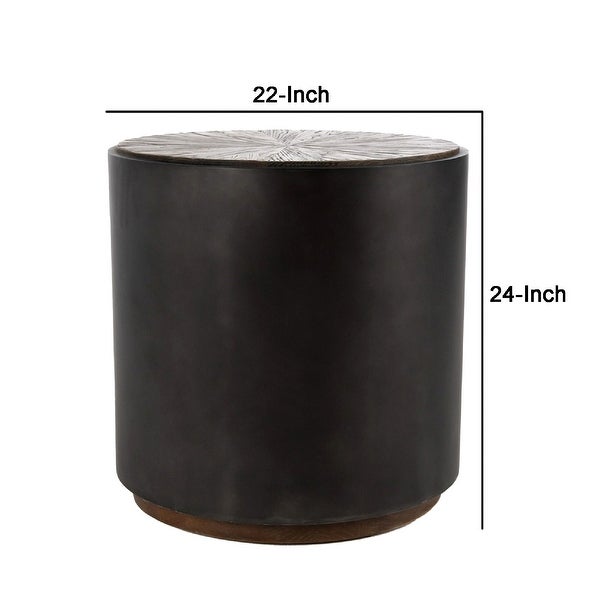 Jenny 24 Inch Round Drum Wood End Table， Metal Panels， Black， Brown