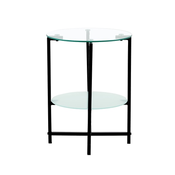 2- layer Tempered Glass End Table， Round Coffee Table for Bedroom Living Room Office (black)