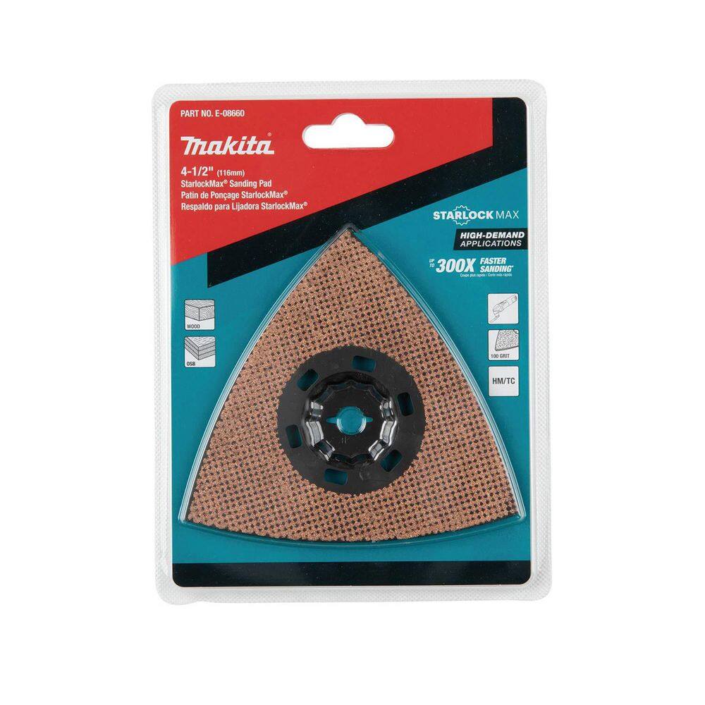 Makita StarlockMax Oscillating Multi-Tool 4-12 in. Tungsten Carbide 100 Grit Delta Triangle Sanding Pad E-08660