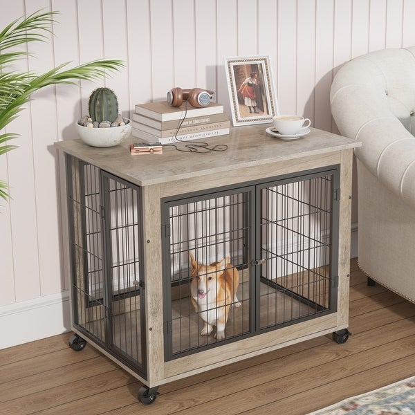 Industrial Wooden Iron Dog Crate， Dog Kennels with 3 Doors and Wheels， Pet Crate Side End Table for Medium and Small Dog