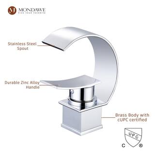 Mondawe Luxury C Waterfall Single Lever Handle Arc Spout Single-Hole Bathroom Sink Faucet with Pop-up Drain in Polish Chrome WF-1381-C