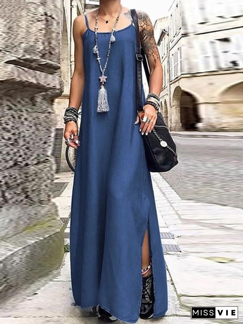 Women's Strap Dress Maxi long Dress Sleeveless Solid Color Summer Casual Dusty Blue Light Blue S M L XL XXL 3XL 4XL 5XL