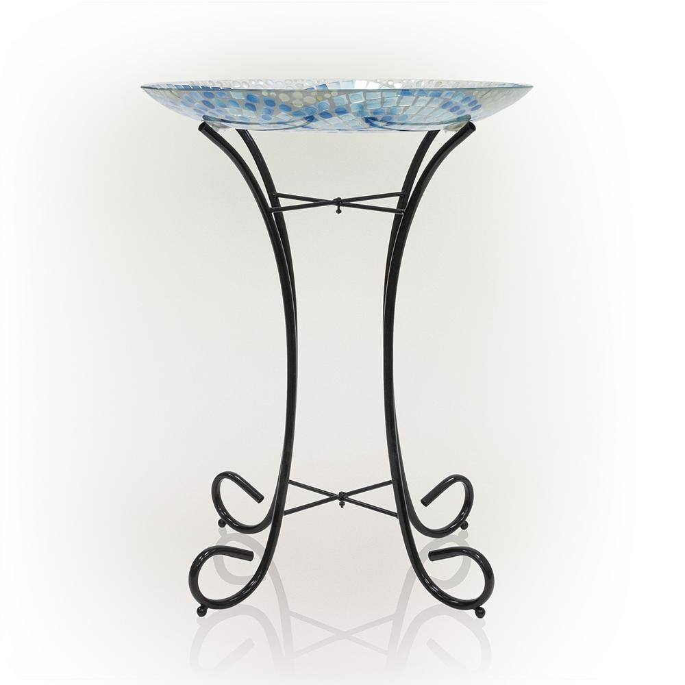 Alpine Corporation 24 in. Tall Outdoor Mosaic Style Glass Birdbath Bowl with Metal Stand， Blue HMD102A