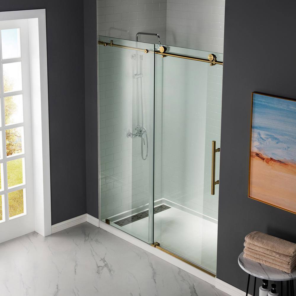 WOODBRIDGE Lowestoft 56 in. to 60 in. x 76 in. Frameless Sliding Shower Door with Shatter Retention Glass in Brushed Gold HSD3608