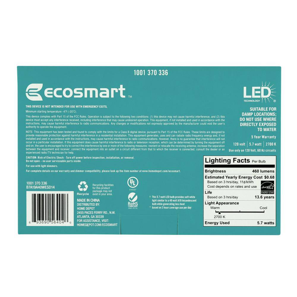 EcoSmart 40-Watt Equivalent A19 Dimmable ENERGY STAR LED Light Bulb Soft White (48-Pack) B7A19A40WESD14