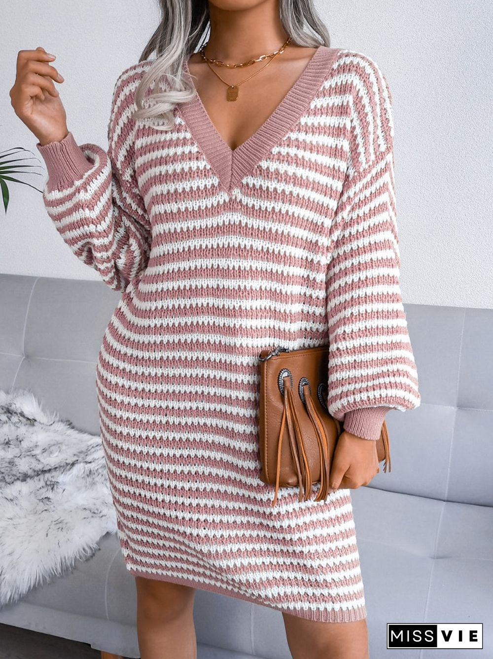 Winter Clothes Women Striped Hollow Wool Dress Long Sleeve Knitted Dress Casual Pullover Sweater Oversize Dress For Women