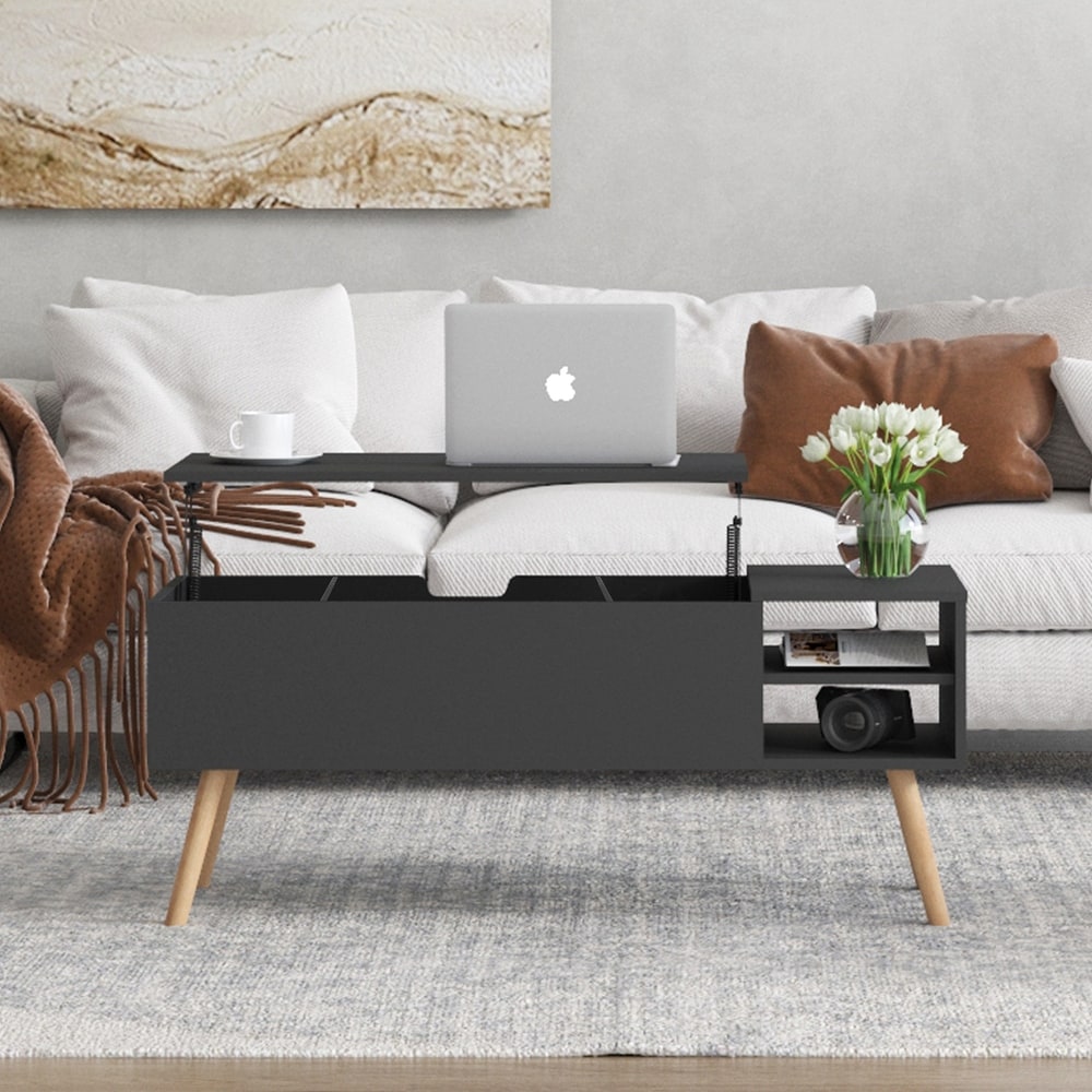 LiftTabletop Storage Coffee Table with Solid wood legs and Adjustable Shelf