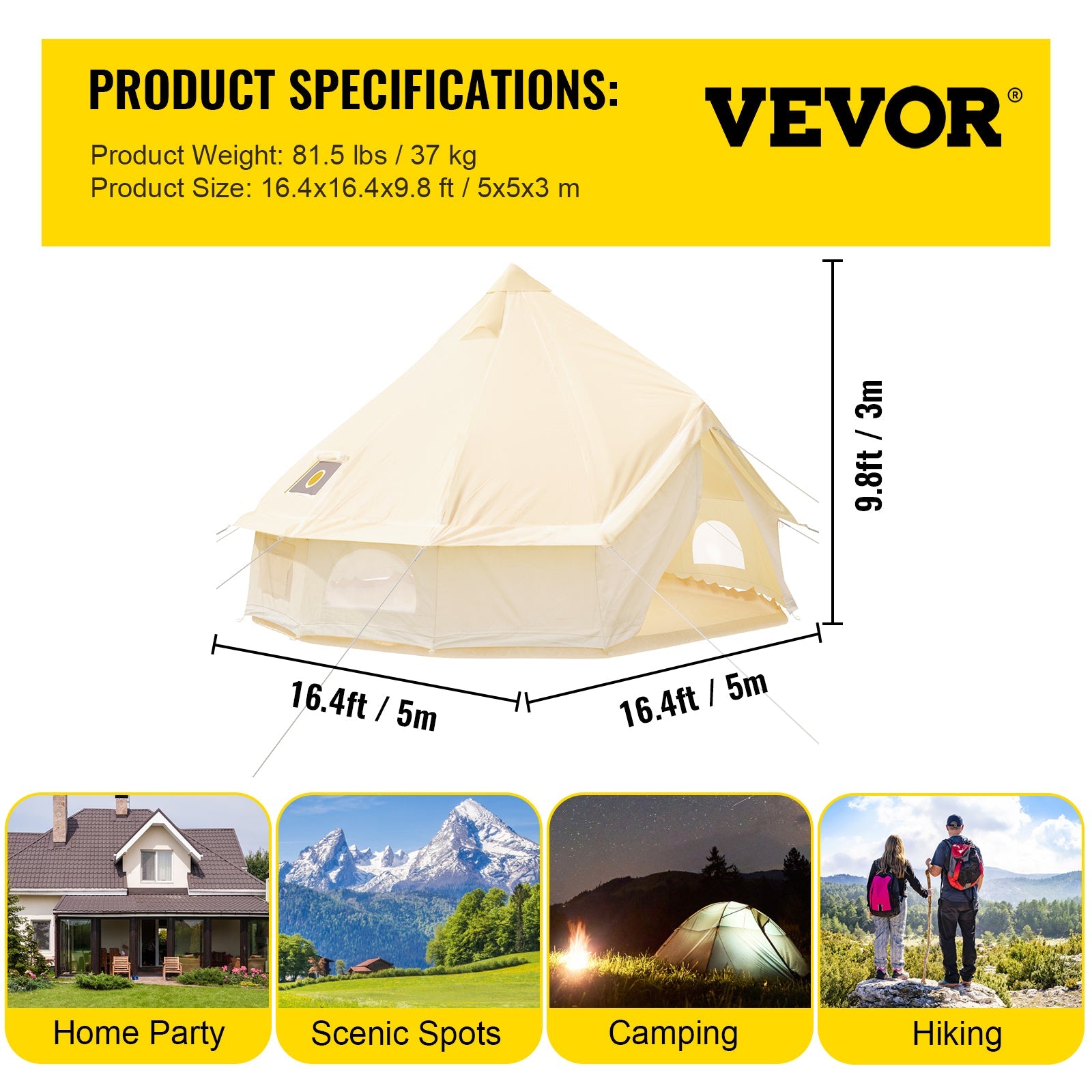 VEVORbrand Canvas Bell Tent 16.4ft Cotton Canvas Tent with Wall Stove Jacket Glamping Tent Waterproof Bell Tent for Family Camping Outdoor Hunting in 4 Seasons