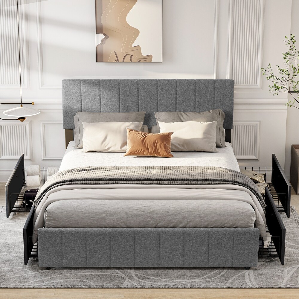 Modern Queen/King Grey Upholstered Bed Frame with Storage Drawers