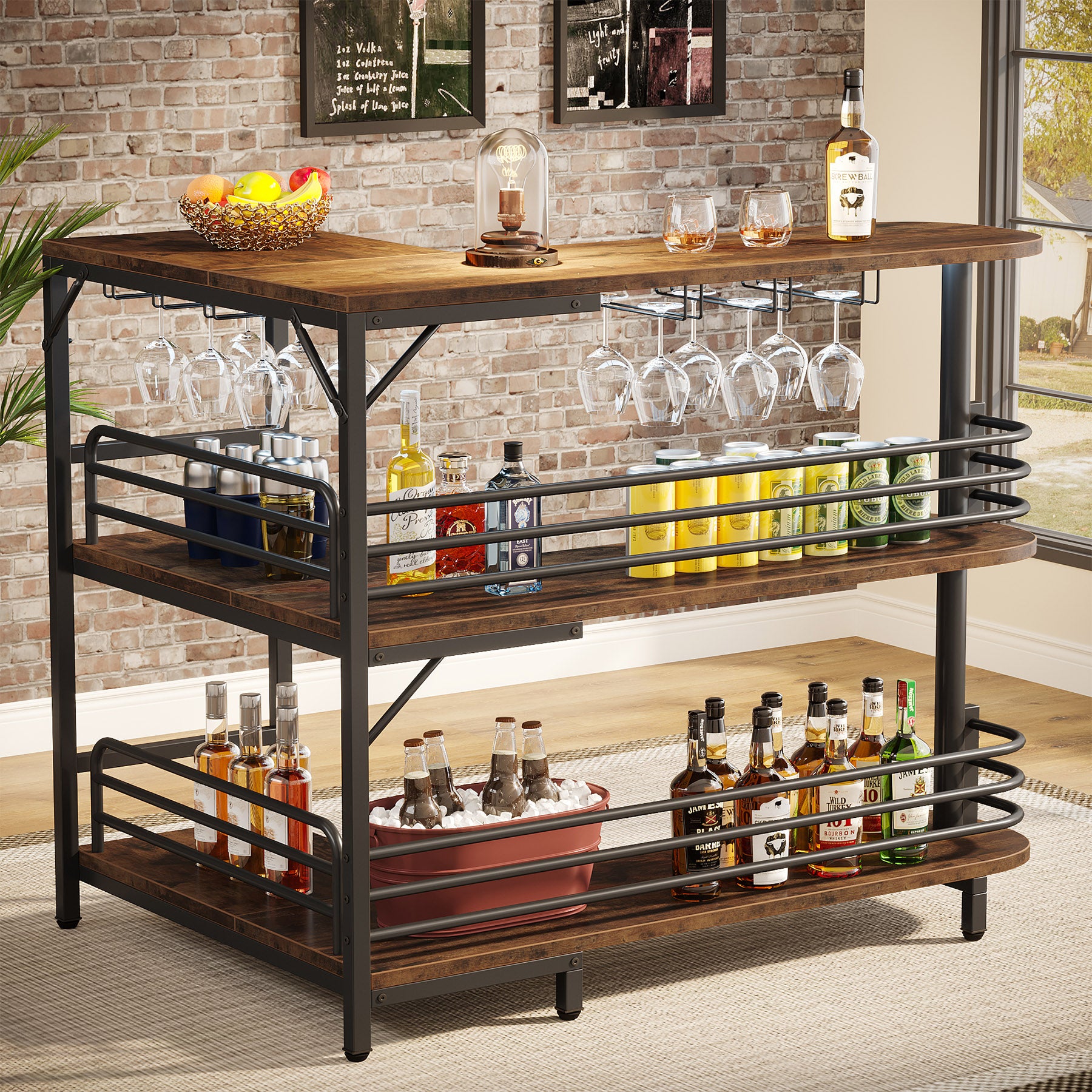 L-Shaped Bar Unit, 3 Tier Liquor Bar Table with Wine Glasses Holder