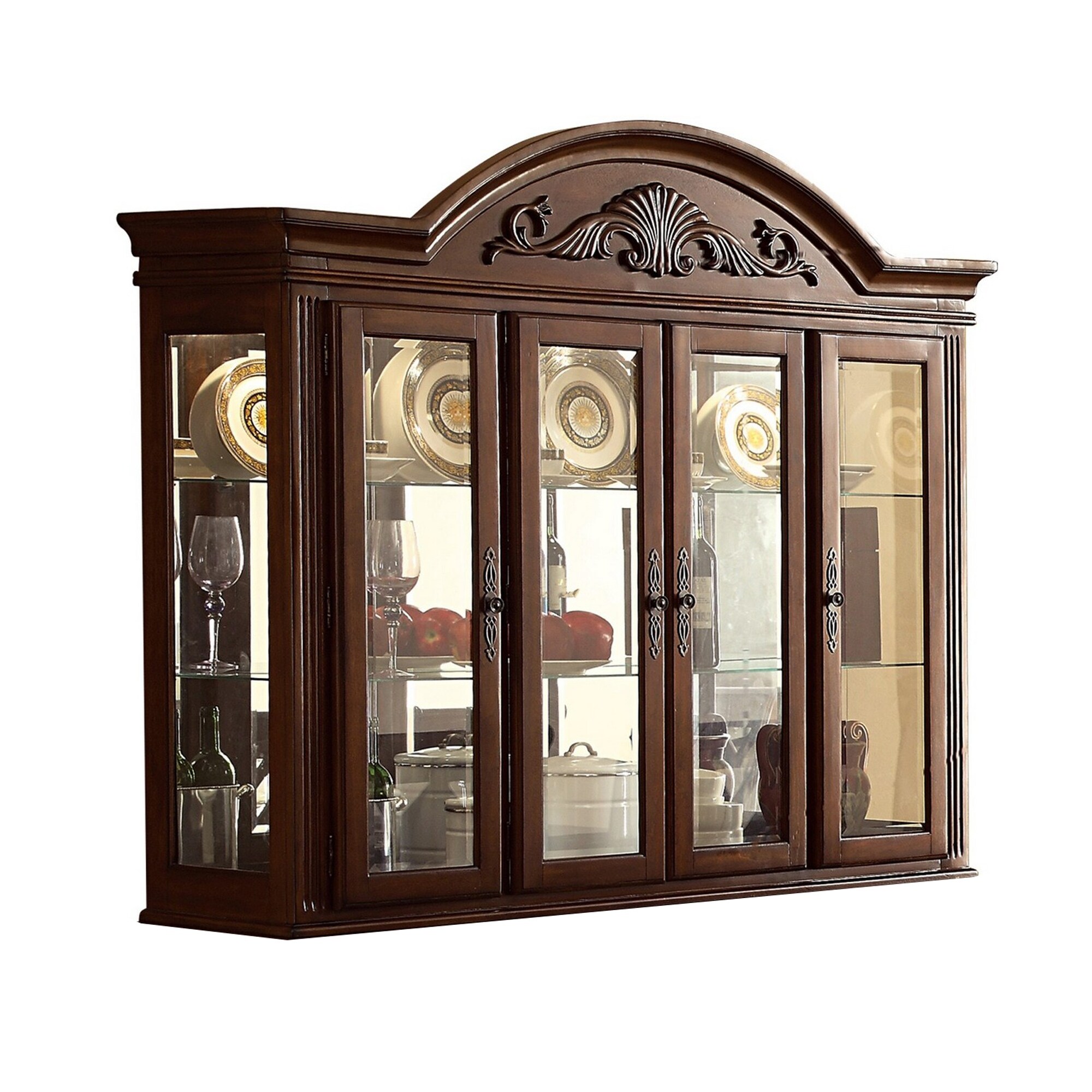 Wooden Buffet with Hutch and Molded Trim Details， Dark Brown