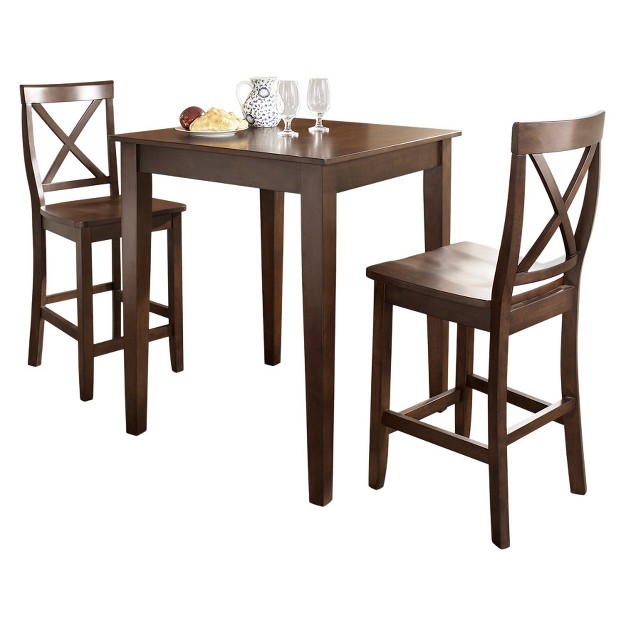 3pc Pub Dining Set With Tapered Leg And X back Stools Vintage Mahogany Finish Crosley