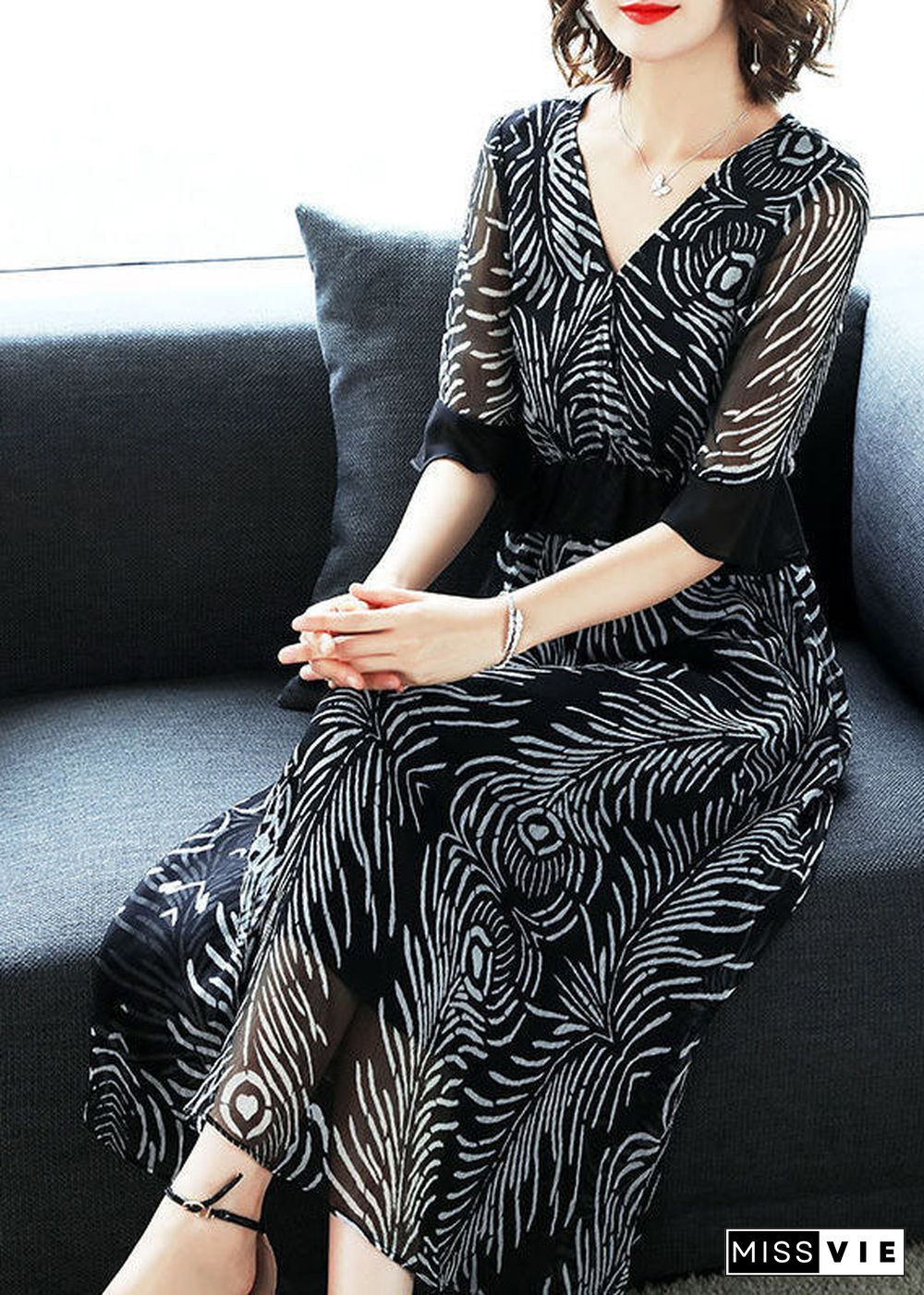 Fine Black V Neck Ruffles Print Chiffon Long Dress Summer