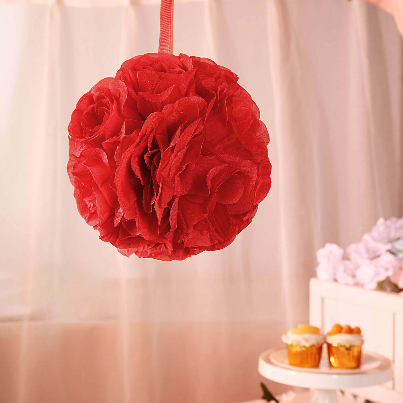 2 Pack Red Artificial Silk Rose Kissing Ball, Faux Flower Ball 7