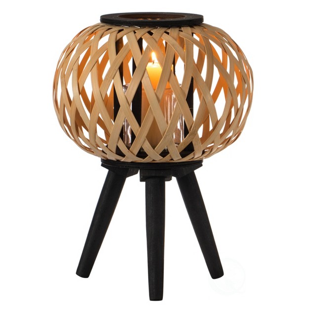 Vintiquewise Modern Black Natural Bamboo Candle Decorative Trellis Design Lantern With Stand