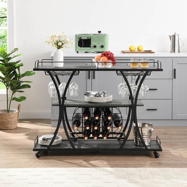 3-Tier Industrial Style Bar Cart with Wheels and Bottle Rack