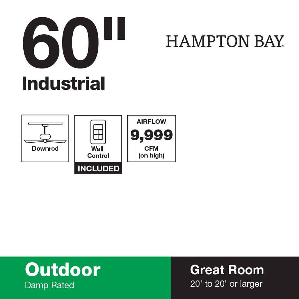 Hampton Bay Industrial 60 in IndoorOutdoor Black Ceiling Fan with Wall Control Downrod and Powerful Reversible Motor