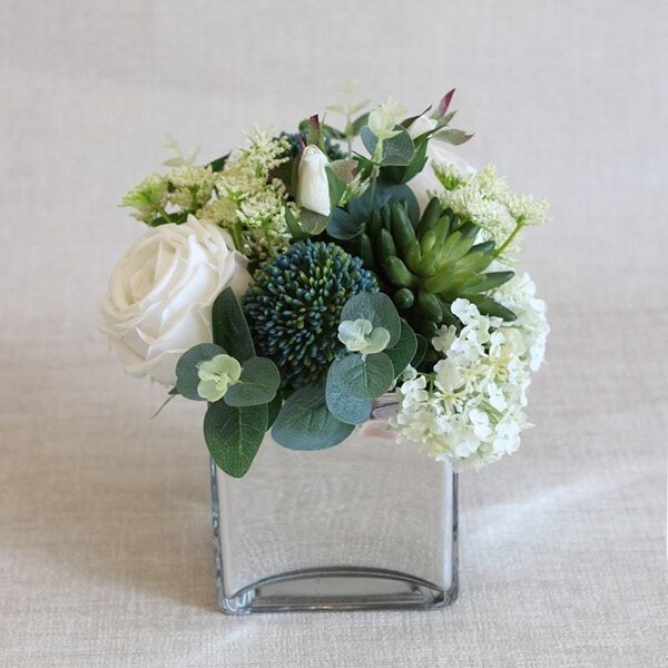 FloralGoods White Blue in Green Flower Arrangement in Glass Vase 9 Tall