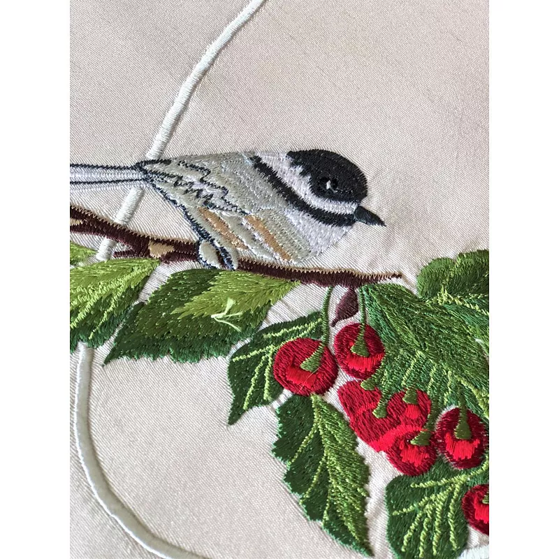 12 x 36 White and Green Chickadee and Cherries Contemporary Table Runner