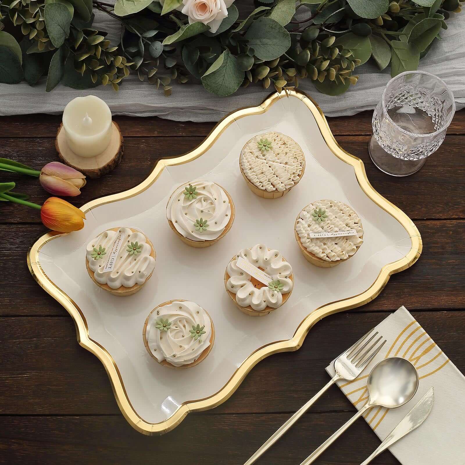 10 Pack Elegant White / Gold Rim Disposable Serving Trays, Heavy Duty 400 GSM Paper Rectangular Party Platters 14