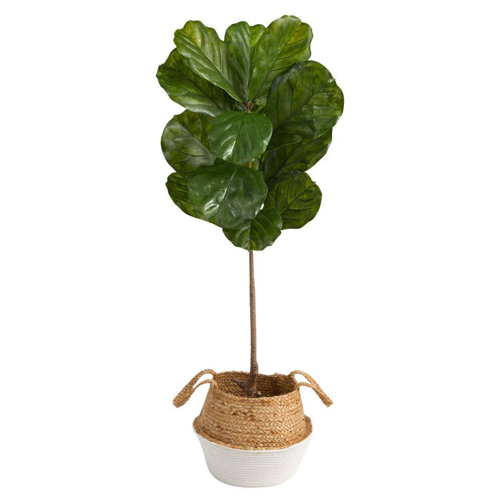 Nearly Natural 4 ft. Fiddle Leaf Artificial Tree Boho Chic Handmade Cotton and Jute White Woven Planter UV Resistant (Indoor/Outdoor) T2926