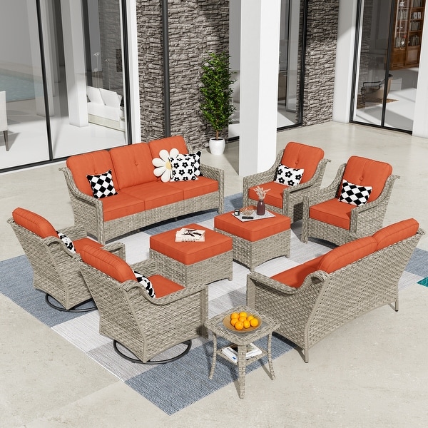 HOOOWOOO 9piece Patio Wicker Furniture Conversation Set with Swivel Chair and Loveseat Sofa