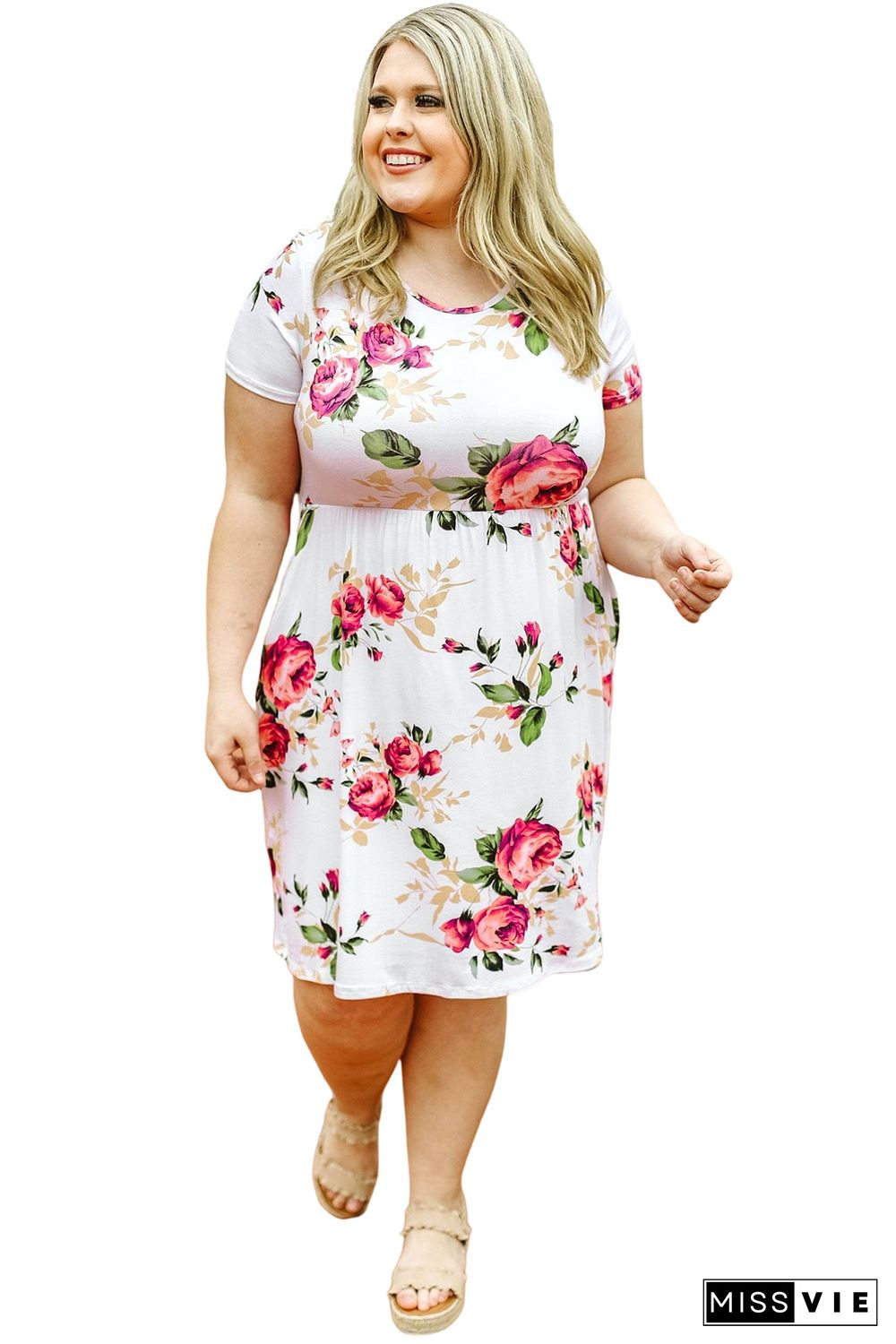 Multicolor Plus Size Floral Print Midi T-shirt Dress