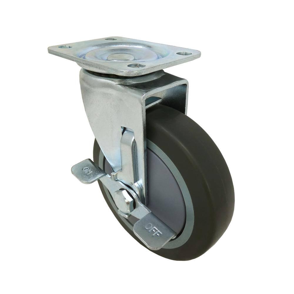 Everbilt 5 in. Gray Rubber Like TPR and Steel Swivel Plate Caster with Locking Brake and 350 lb. Load Rating 4031545EB