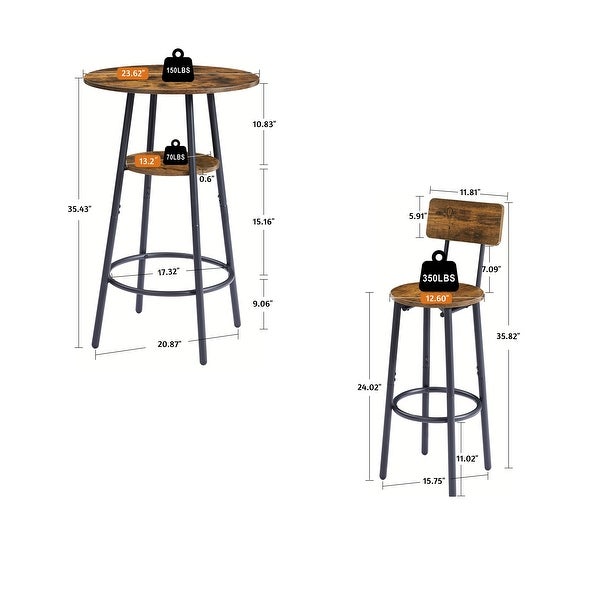 3pcs Industrial Style Bar Table Set with Storage Shelf and Footrest