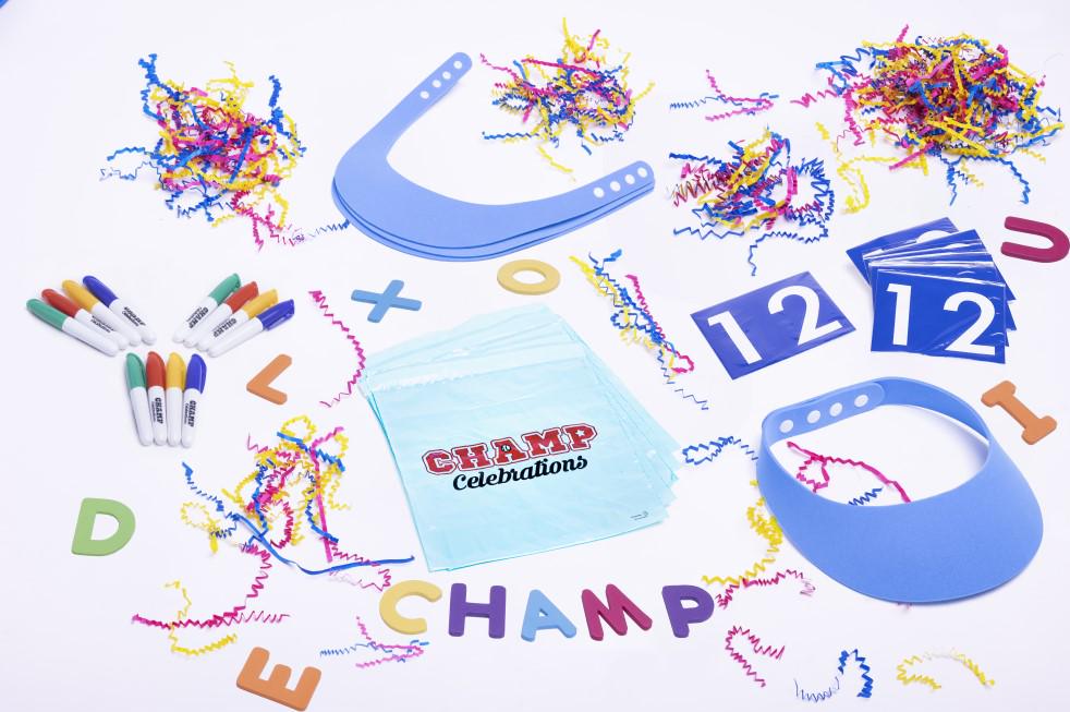 Machrus Champ Celebrations DIY Art and Craft Sports Activity Set w/ 8 Visors， Colorful Foam Alphabet Stickers， Markers， Pencils， Varsity Numbers， Game Cards and Favor Bags  Game Party Set