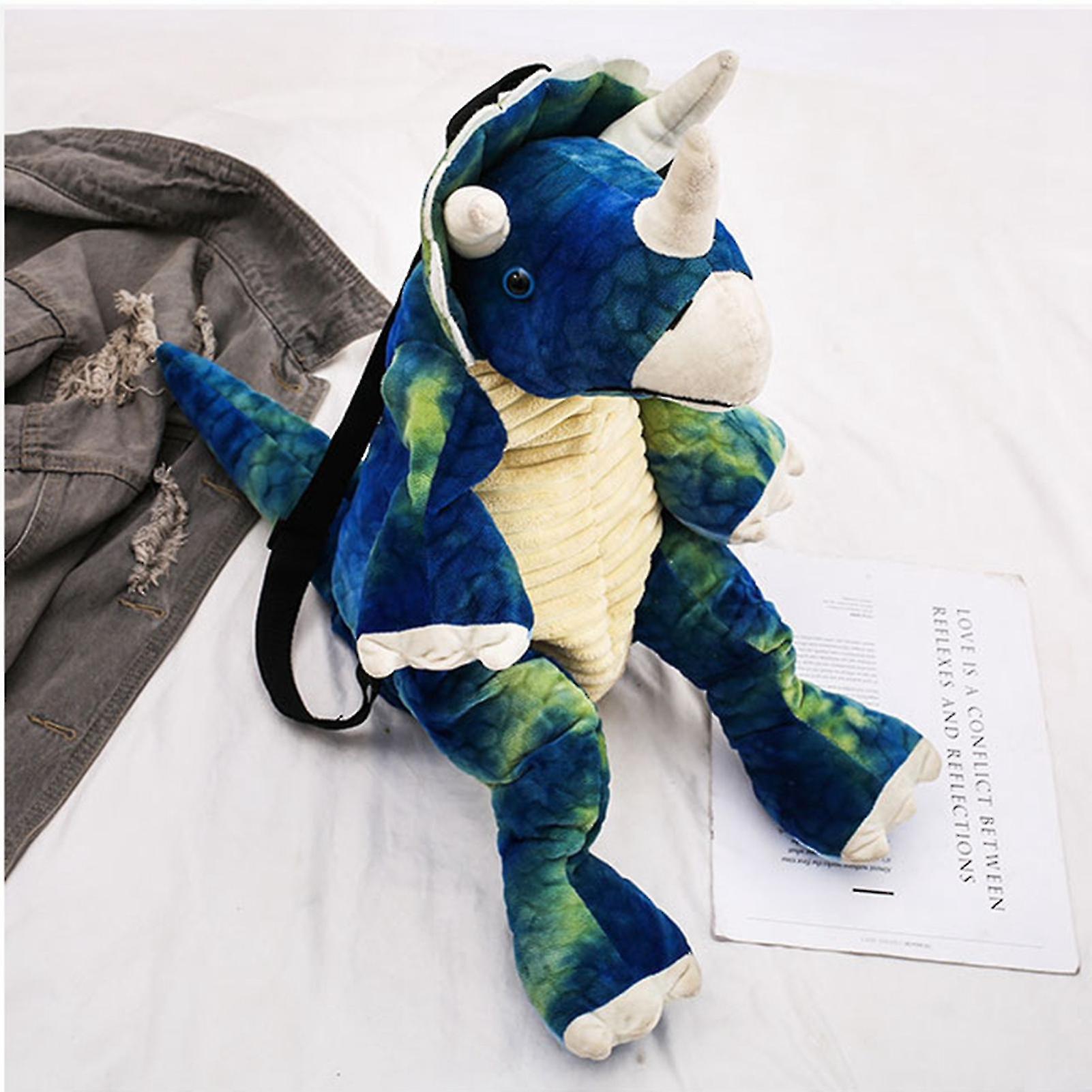 Kids Dinosaur Backpack Cartoon 3D Dinosaur Shape Soft Plush Kids Cute Animal Backpack for Travel School Camping Blue