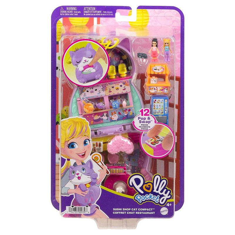 Polly Pocket Sushi Shop Cat Compact Playset With 2 Dolls and 12 Accessories