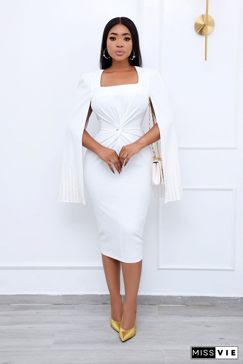 Elegant Beading Cape Sleeve Bodycon Midi Dress